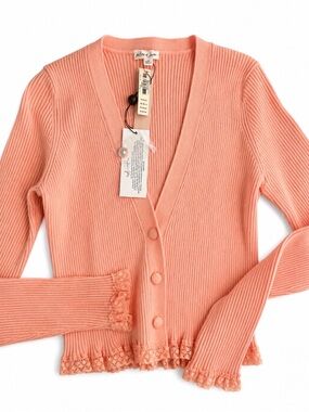 For Love & Lemons Peach Ribbed Lace Trim Cardigan Top NWT Size M